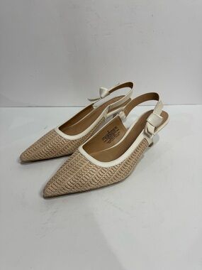 A New Day Cream Raffia Pointed Toe Slingback Kitten Heels - Size 9